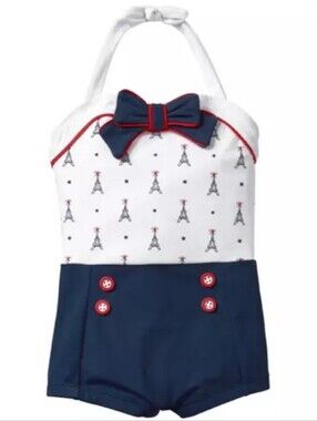 Navy & White Eiffel Tower Bow Halter One Piece Bathing Suit for Girls 2T